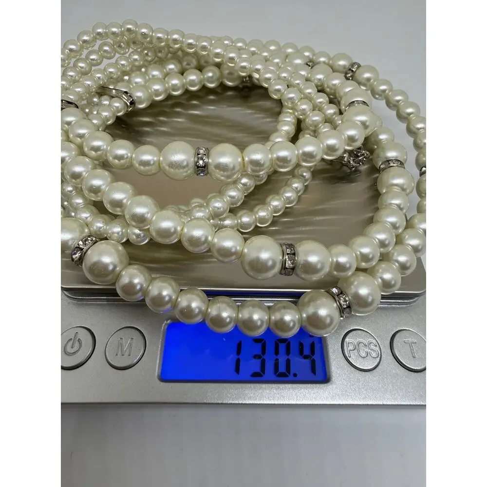 Triple Strand Faux Pearls Rhinestone Statement Necklace Layered Wedding Coquette